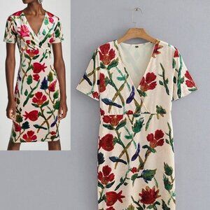 ZARA Velvet Velour Floral Midi Dress V-Neck | Size M